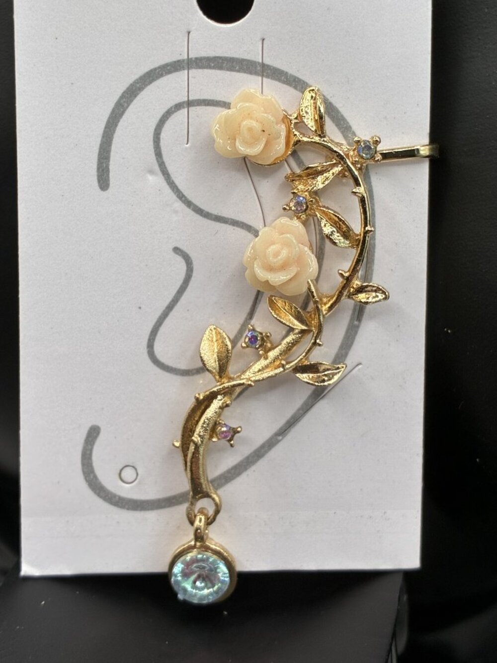 2.25" Gold Vines Pastel Cream Roses w/ Crystal Accent Crawler Cuff Earring